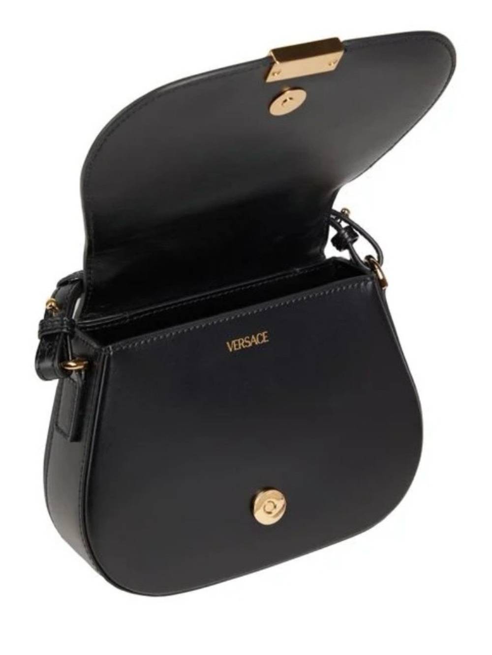 Versace Black Leather Saddle Crossbody with Gold Hardware